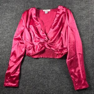 Spring + Mercer Hot Pink Satin Twist Front Crop Top Long Sleeve V-Neck Blouse L
